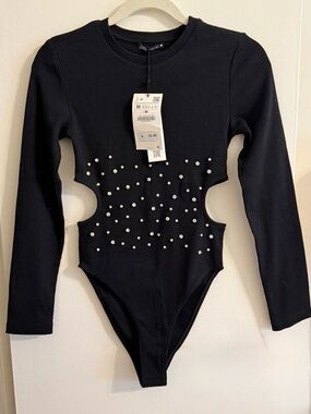 Zara Black Long-Sleeve Pearl-Studded Cutout One-Piece